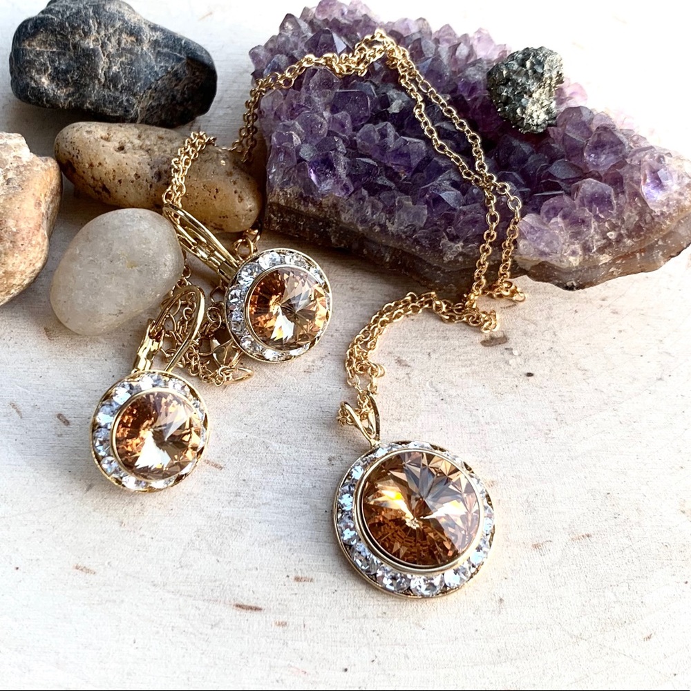 Vintage Champagne Crystal Necklace Earrings Set